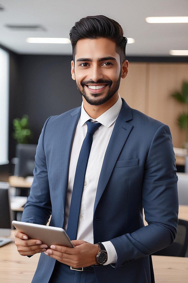 Happy professional young latin business man company employee male corporate manager businessman office worker looking at camera holding digital tablet standing in office vertical portrait
