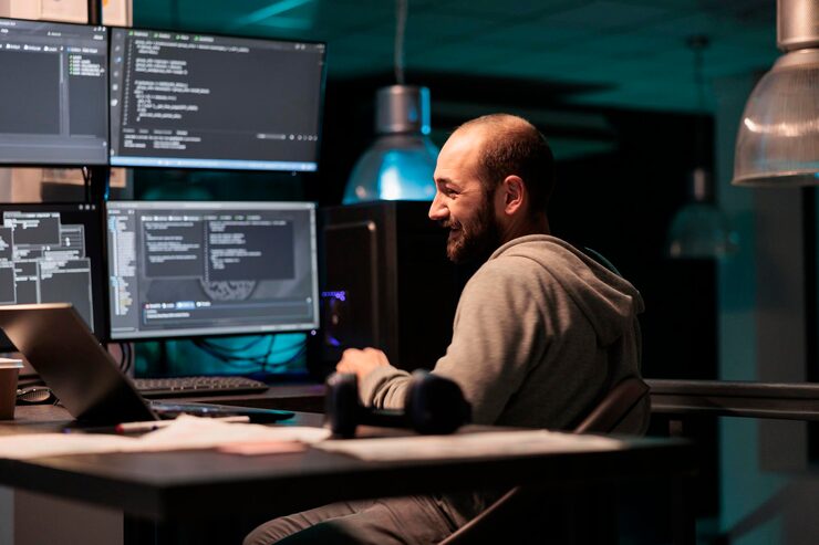 Photo happy programmer celebrating coding achievement, feeling cheerful about app developing success after hours. smiling coder programming html script or source code with system database.