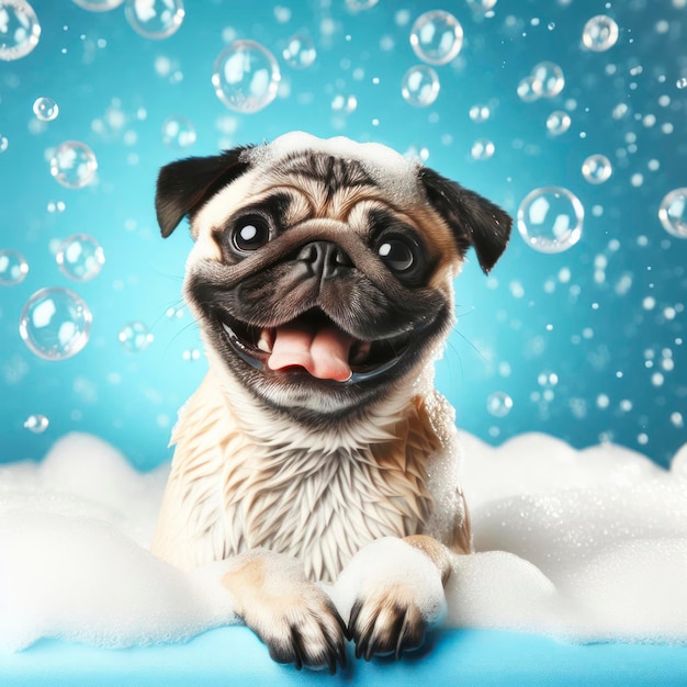 Happy pug dog in bath with foam and bubbles blue background