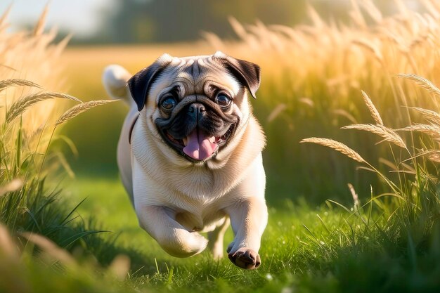緑の草原を走る幸せなパグ犬