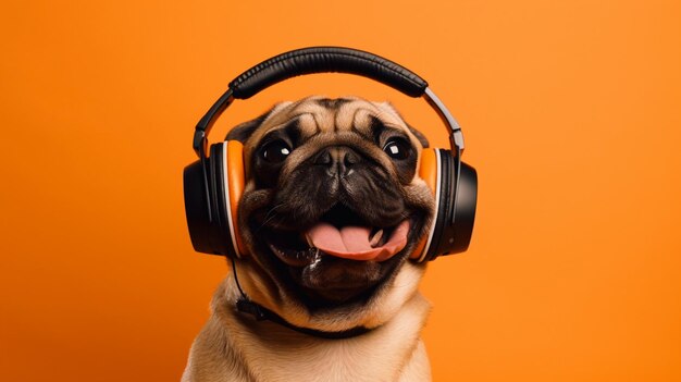 Happy pug dog wearing headphones portrait on isolated orange background