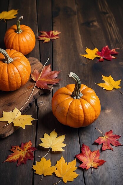 Happy pumkin and autumn leaf on a wood of table