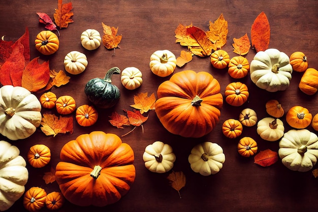 Happy pumkin and autumn leaf on a wood of table