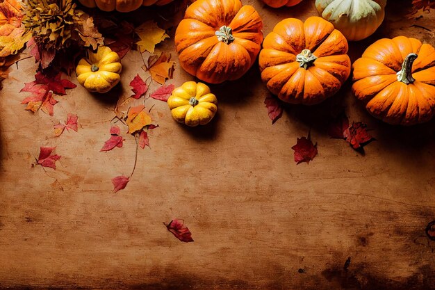 Happy pumkin and autumn leaf on a wood of table