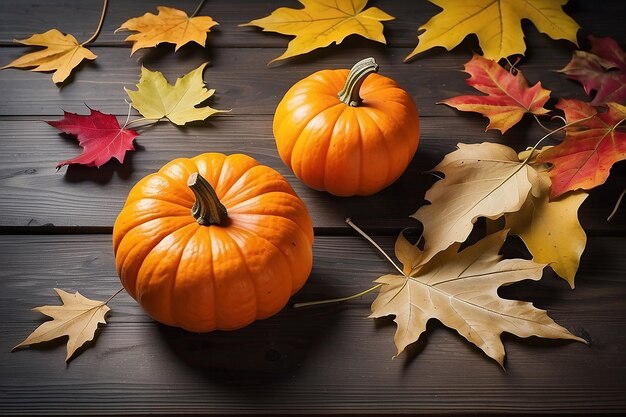 Happy pumkin and autumn leaf on a wood of table