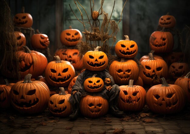 Happy pumpkins sitting in a spooky nursery