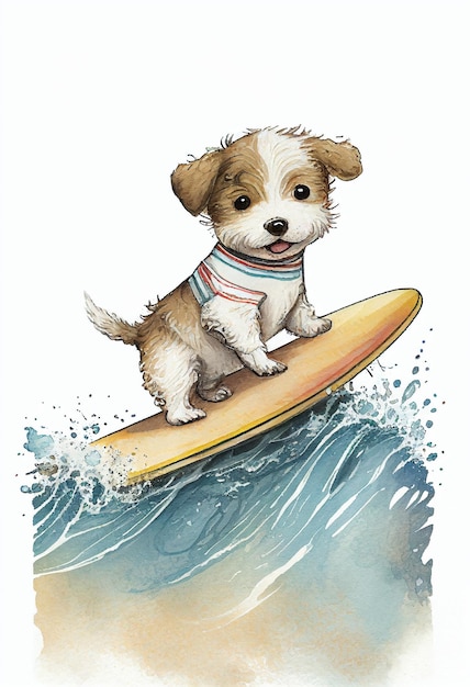 Happy Pup Catching Waves AI Generated