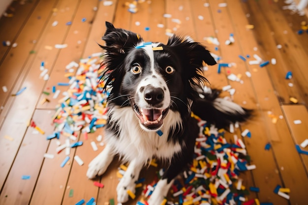 Photo happy pup covered in confetti celebrating a special occasion by sitting on the floor generative ai
