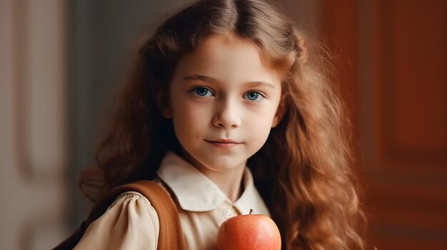 Happy pupil child with backpack and workbooks and apple lunch in school uniform School girl student banner Schoolgirl portrait with copy space Generative Ai