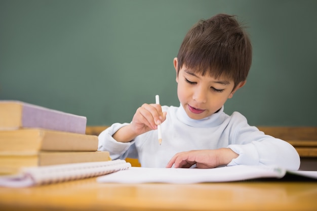 Happy pupil writing in notepad at desk