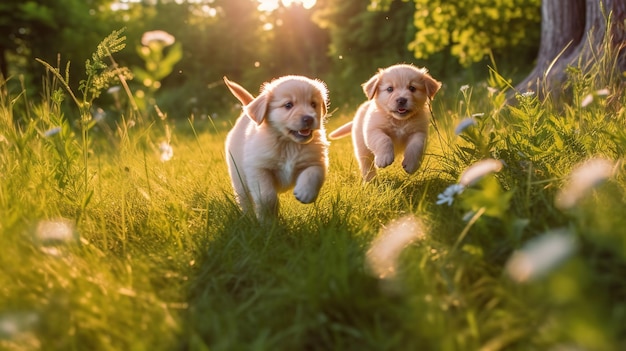 happy puppies playing together