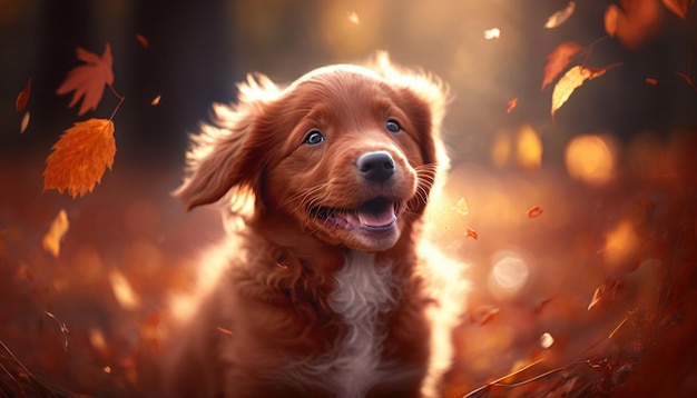 Happy puppy in autumn leaves in the park Generative AI