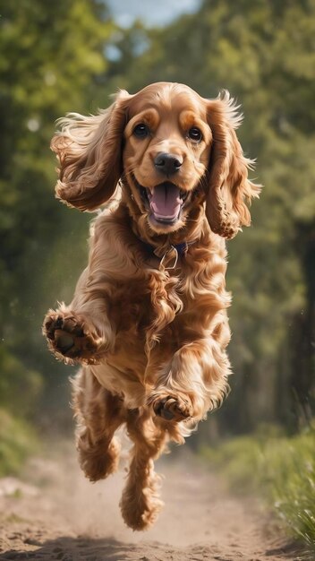 幸せな子犬コッカー・スパニエルがジャンプする