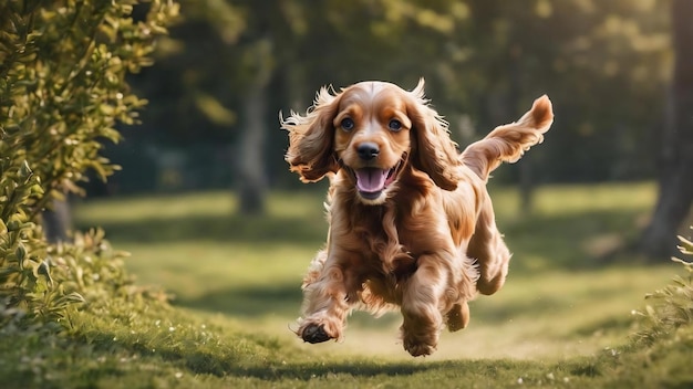 Счастливый щенок кокер-спаниель прыгает