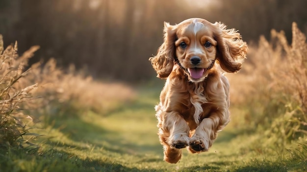 Happy puppy dog cocker spaniel jumping