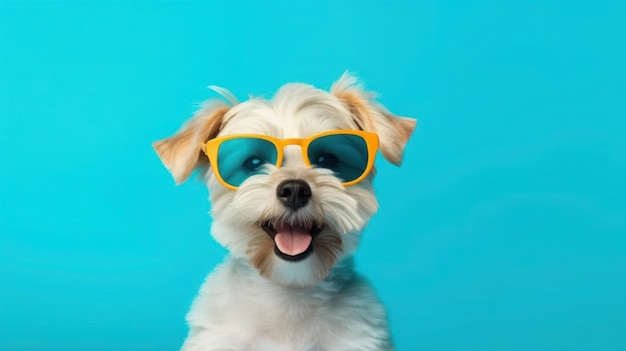 Happy Puppy Dog Portrait wearing sunglasses isolated on blue gradient studio background