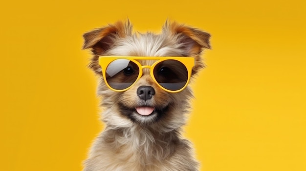 Happy Puppy Dog Portrait wearing sunglasses isolated on yellow gradient studio background