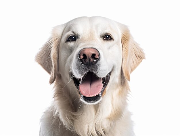 Счастливый щенок улыбается на изолированном белом фоне.