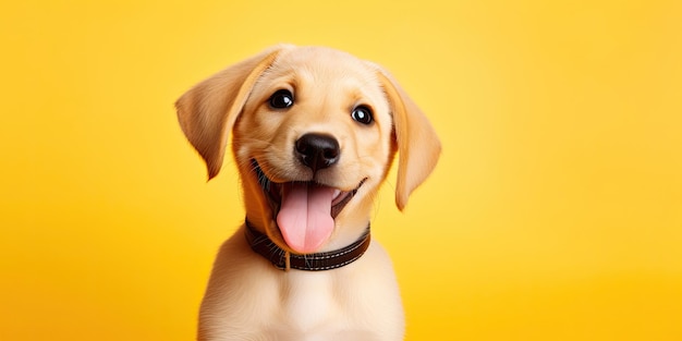 孤立した黄色の背景に笑みを浮かべて幸せな子犬犬