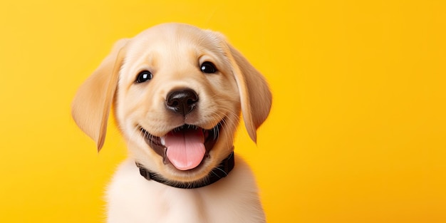 Happy puppy dog smiling on isolated yellow background