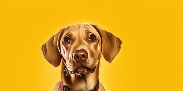 Happy puppy dog smiling on isolated yellow background