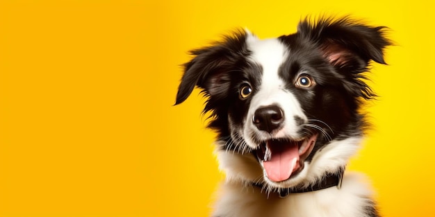 Happy puppy dog smiling on isolated yellow background