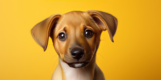 Happy puppy dog smiling on isolated yellow background