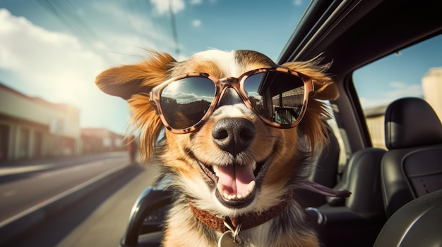 Happy puppy enjoys car ride head out window with glasses