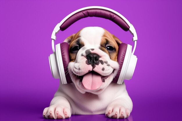 Happy puppy in headphones on a purple background