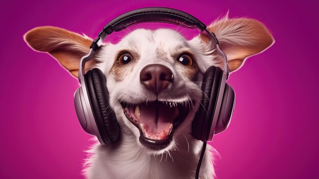 Photo happy puppy in headphones