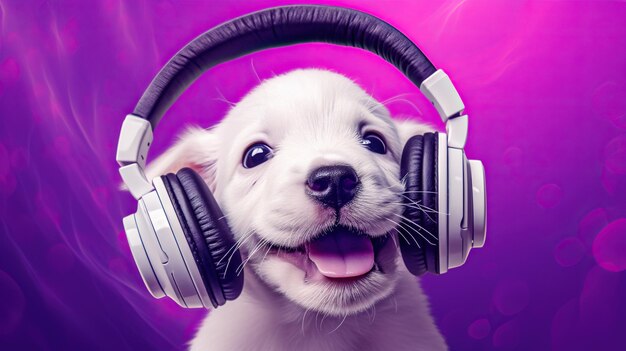 Happy puppy in headphones