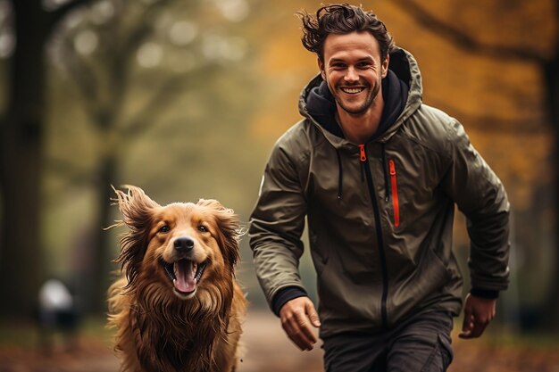 A happy puppy and his owner playing in a park AI