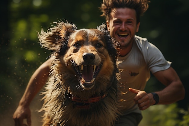 A happy puppy and his owner playing in a park ai