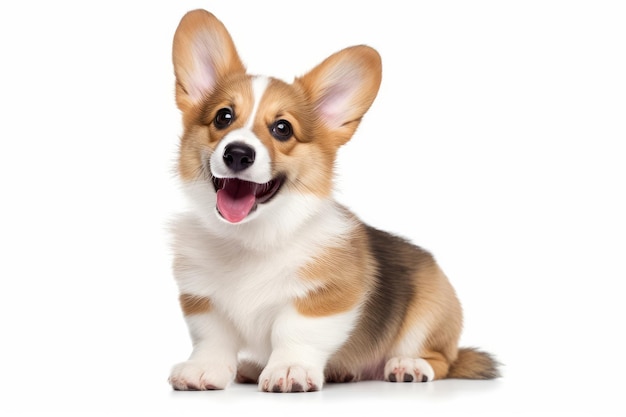 Photo happy puppy welsh corgi 14 weeks old dog winking panting and sitting isolated on white