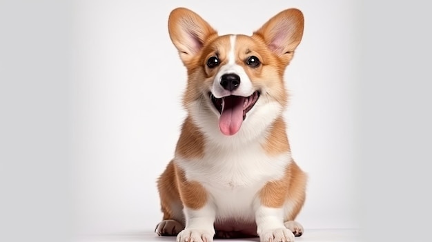 Happy Puppy Welsh Corgi 14 Weeks old dog winking panting and sitting isolated on white