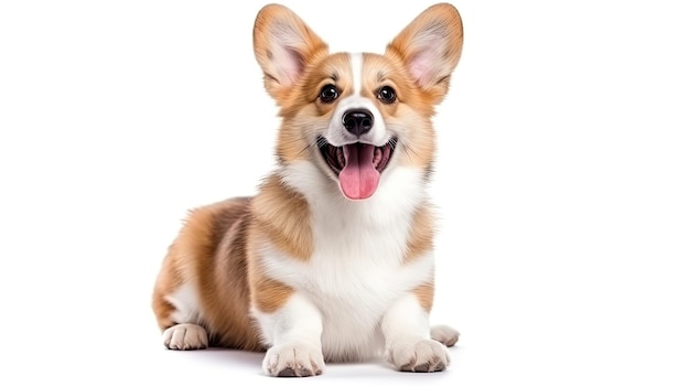 Happy Puppy Welsh Corgi 14 Weken oude hond knipogend hijgend en zittend geïsoleerd op wit