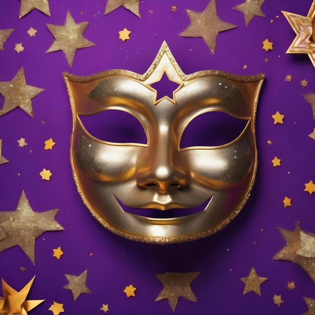 Happy purim carnival decoration concept made from mask and sparkle star on purple background happy p
