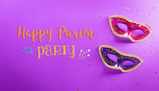 Happy purim carnival decoration concept made from mask and sparkle star on purple background happy purim in hebrew jewish holiday celebrate