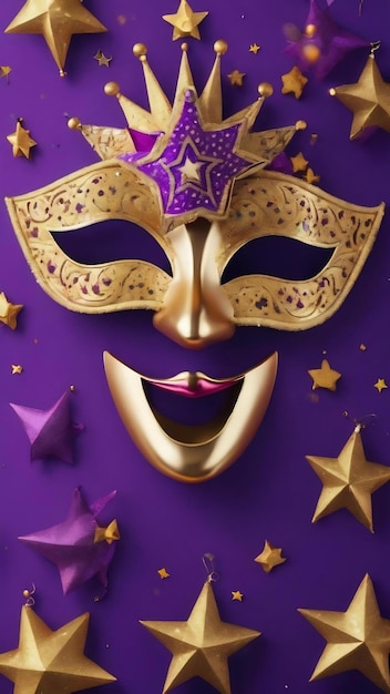 Happy purim carnival decoration concept made from mask and sparkle star on purple background