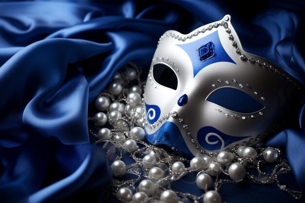 Photo happy purim carnival decoration with mask and glitter on blue background