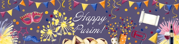 Happy Purim horizontale banner op paars met maskers Joodse symbolen Waterverf groet grens