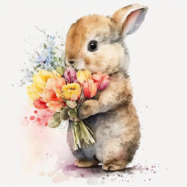 Happy rabbit holding flowers on a white background Easter concept Generative AI