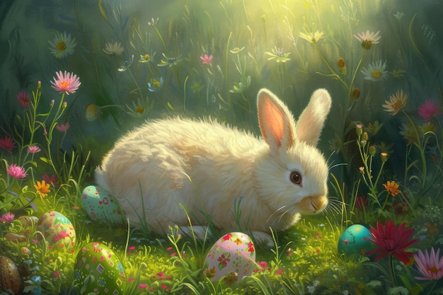 A happy rabbit is surrounded by easter eggs in the grassy natural landscape aige