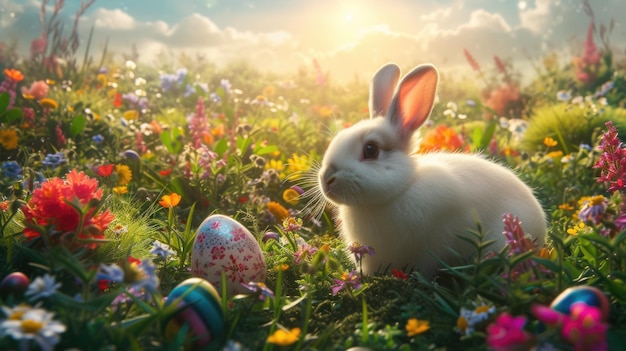 A happy rabbit is surrounded by easter eggs in the grassy natural landscape aige