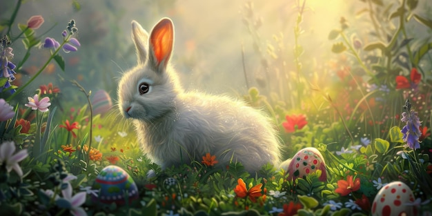 A happy rabbit is surrounded by easter eggs in the grassy natural landscape aige