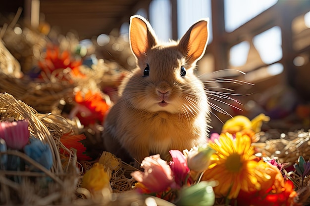 Happy rabbit playing in the cage with color toy generative IA