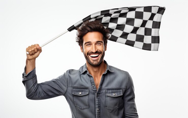 Happy Racer Holds Speedy Flag Isolated on a Transparent Background PNG