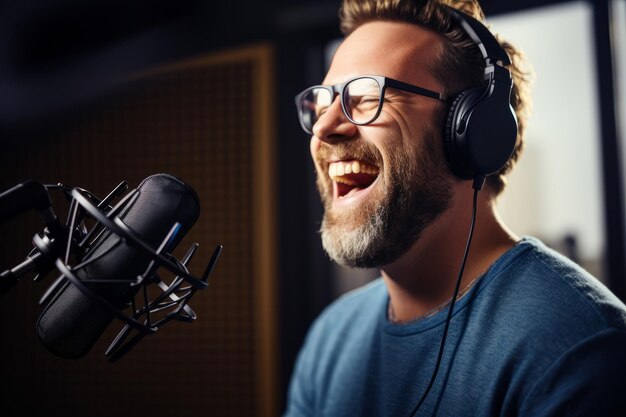 Happy radio presenter speaking into a microphone in a studio