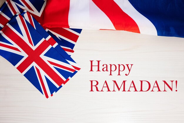 Happy Ramadan British holidays concept Holiday in United Kingdom Great Britain flag background