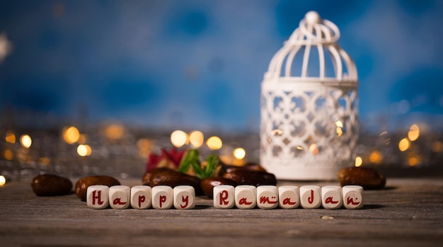 Happy Ramadan composed of wooden dices Closeup